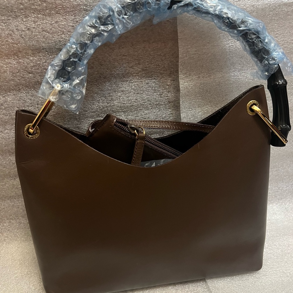 SOLD-SOLD- Gucci Brown Handbag with Black Bamboo Handle - Picture 7 of 14
